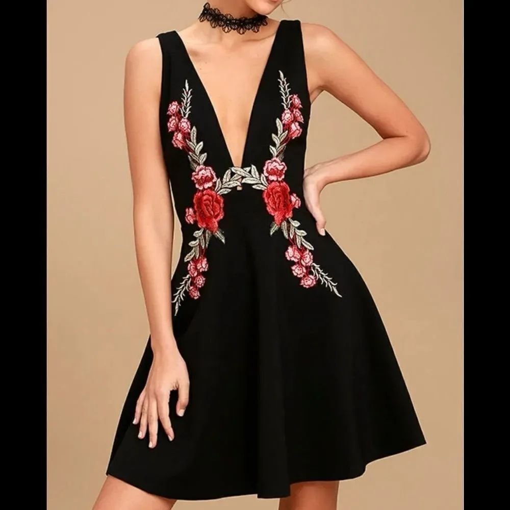 Lulus Black & Red Floral Rose Embroidered Low Cut Fit & Flare Dress